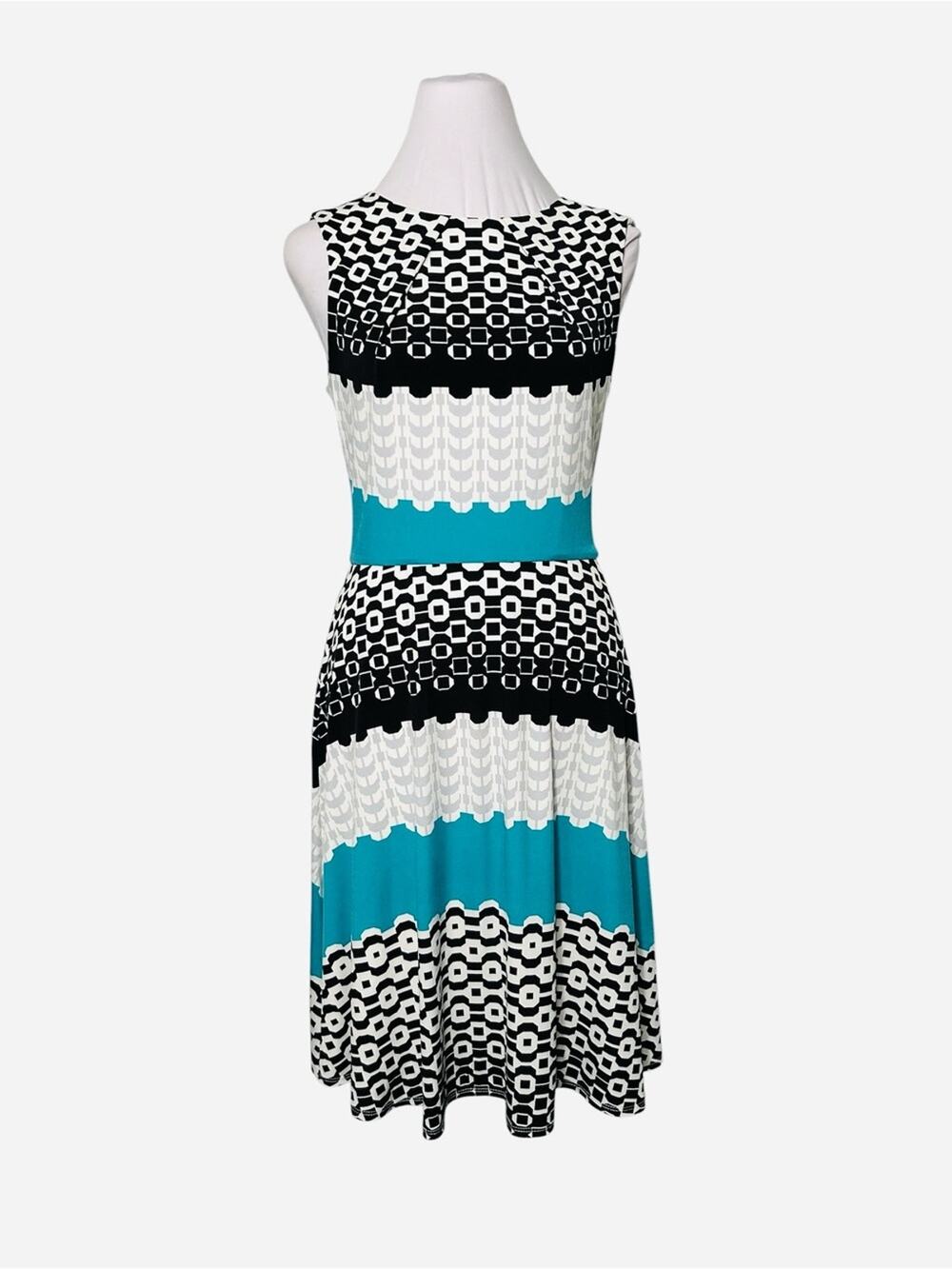Donna Morgan Dress Size 4 Sleeveless Fit-and-Flare Black White Teal Geometric